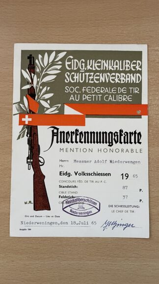 Antik <br><b>Anerkennungskarte Eidg. Kleinkaliber Schützenverband 1965</b>