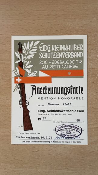 Antik <br><b>Anerkennungskarte Eidg. Kleinkaliber Schützenverband 1972</b>